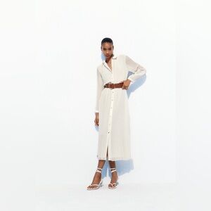 Zara Ecru Pleated Midi Dress with Belt. Size S